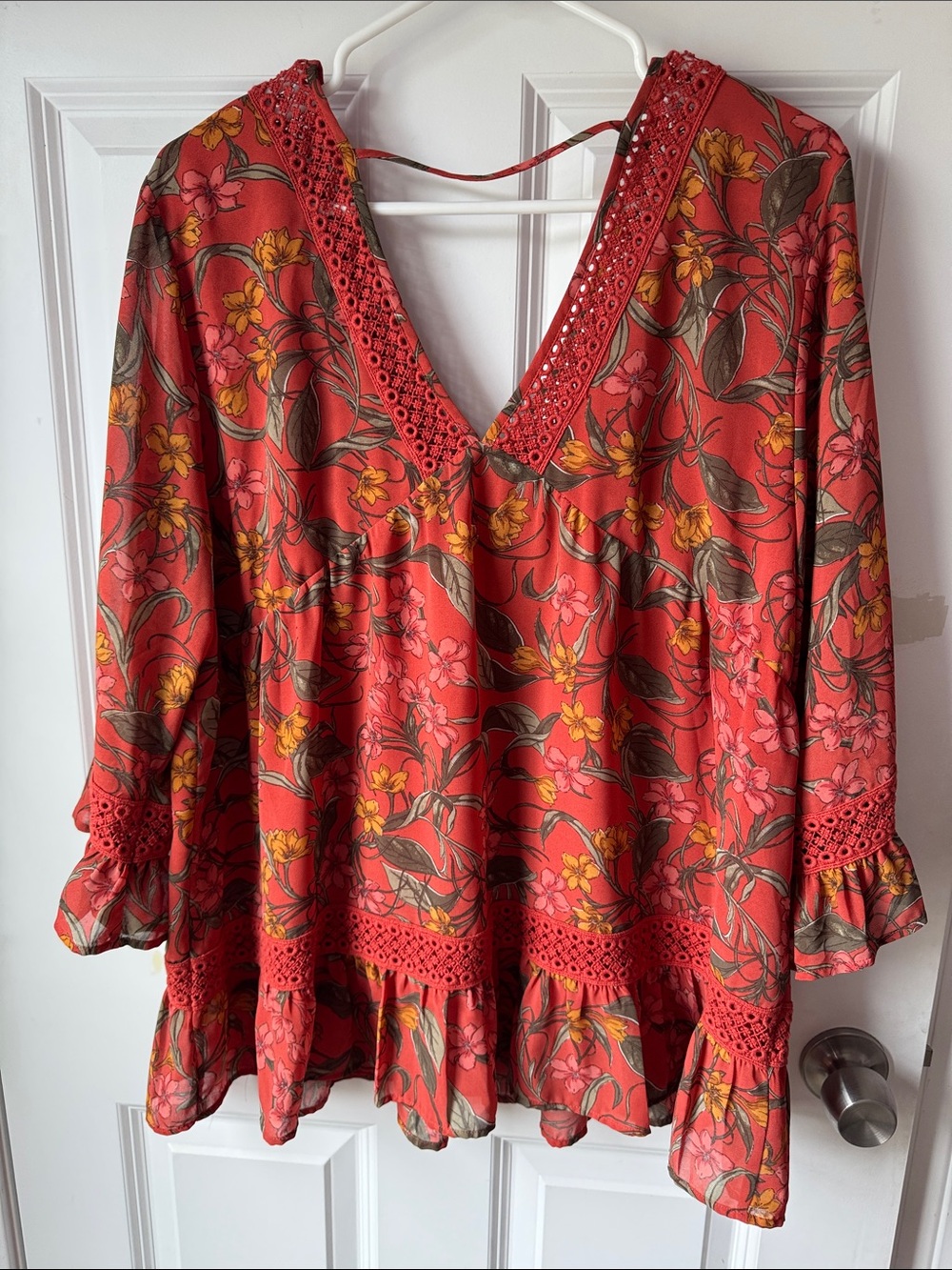 DR2 orange/red Floral V-Neck Crochet-Trim Tunic - Picture 5 of 6